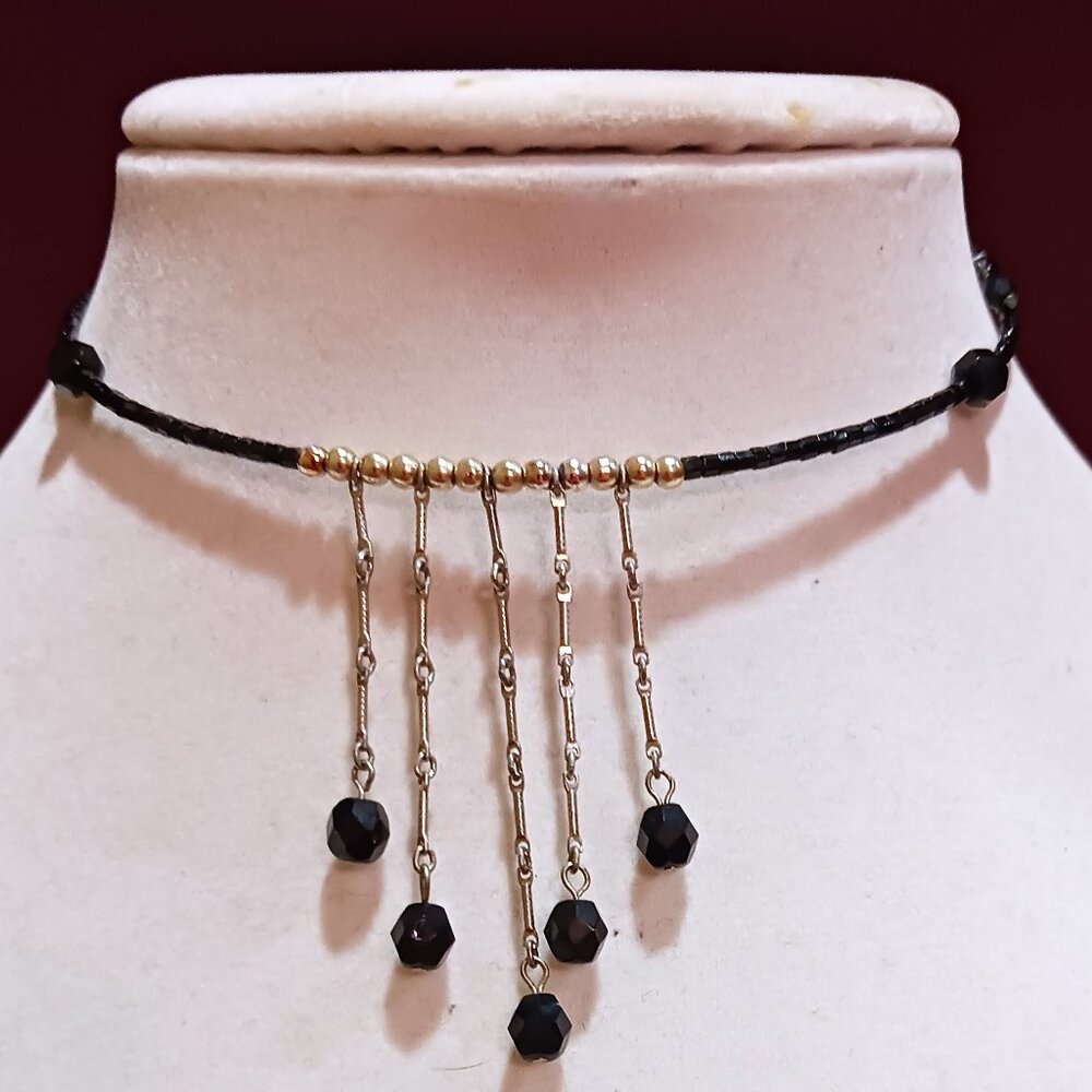 Handmade Black and Silver Beaded Fringe Choker Memory Wire Necklace - Picture 8 of 8
